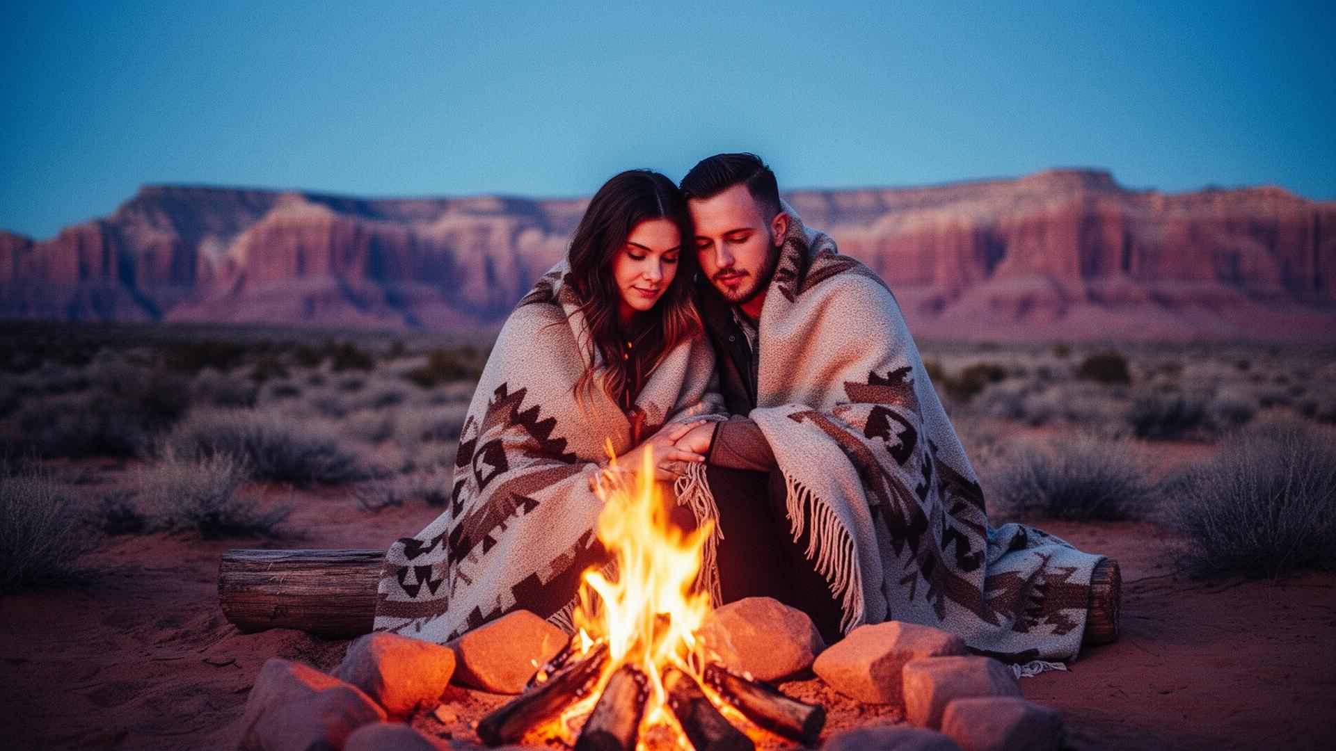 Couple wrapped in a western blanket beside a desert campfire at dusk