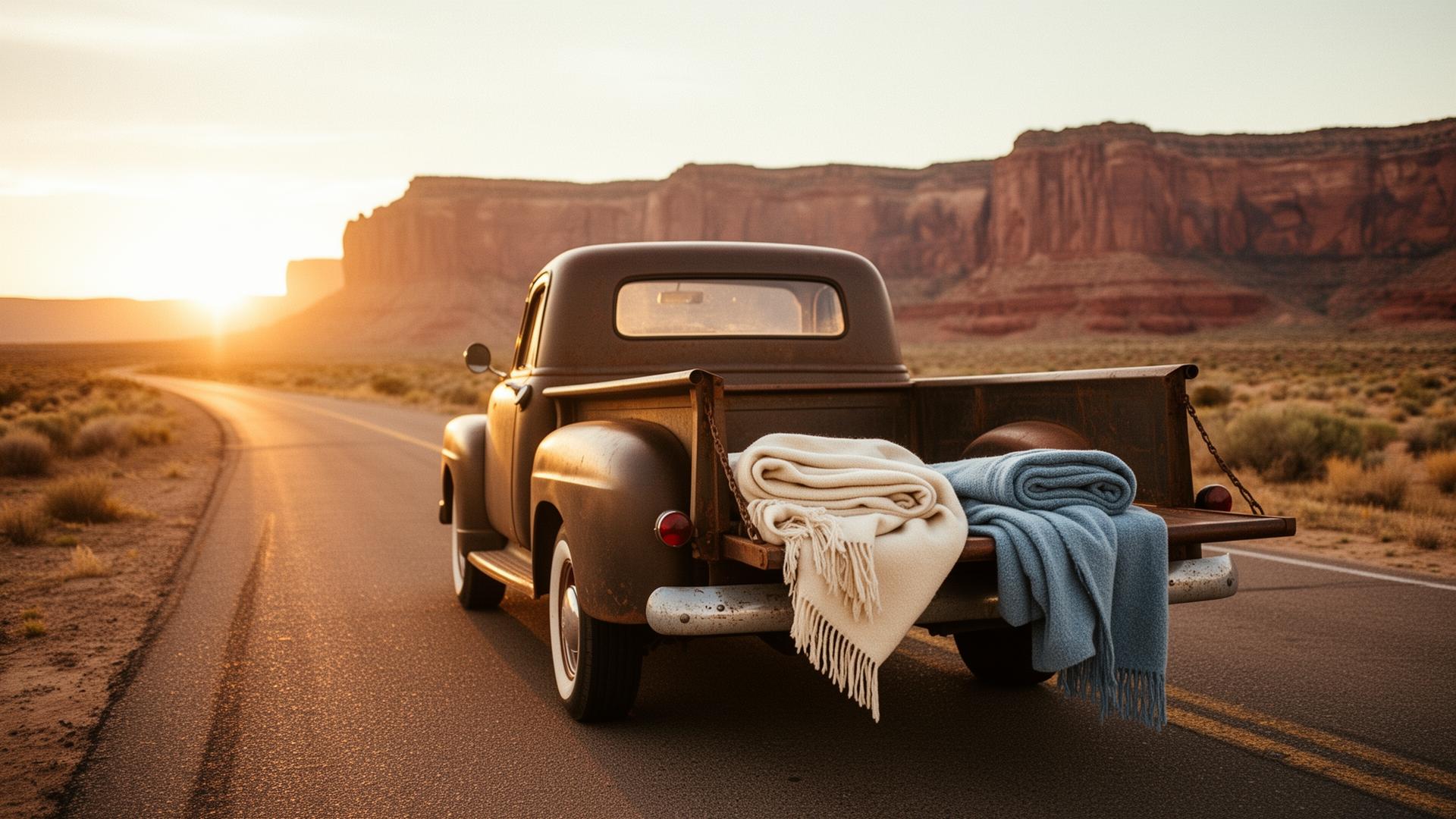 Vintage pickup with folded western blankets on a desert road at sunset