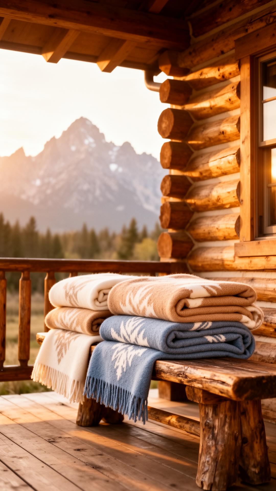 Stacked western blankets on a cabin porch with the Tetons at golden hour