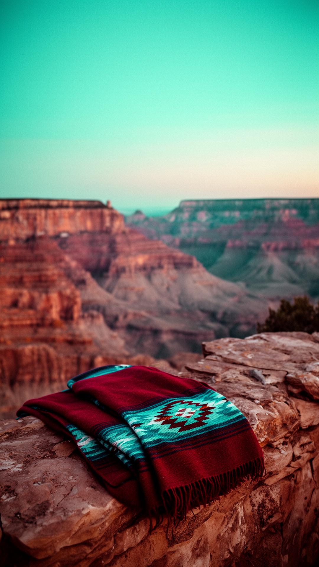 Folded southwestern blanket on a canyon ledge at dusk